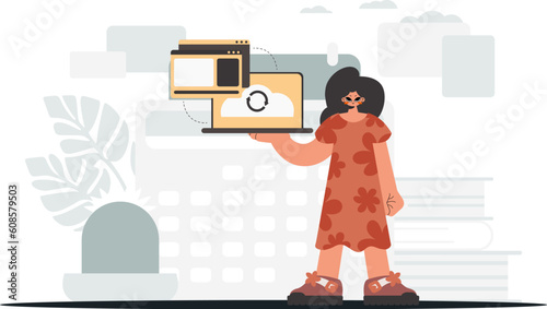 The energized lady is holding a tablet, which is synchronized with the information capacity. Trendy style, Vector Illustration