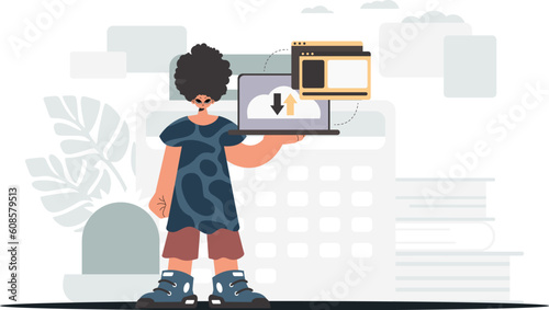 The individual is holding a tablet, which is synchronized with the data capacity. Trendy style, Vector Illustration