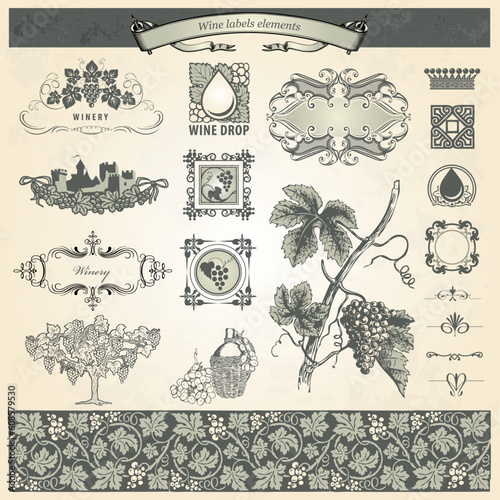 Collection of vintage elements for wine labels