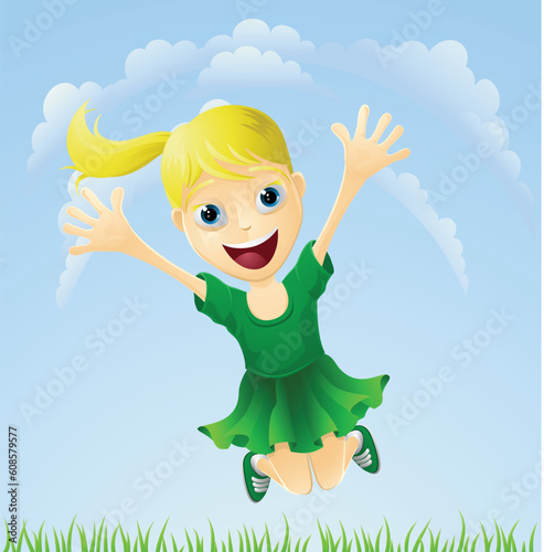 Illustration of a young girl happily jumping the air with arms outstretched.