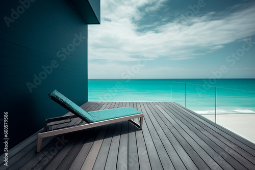 Turquoise outdoor chaise lounge on background of the water same color. Rest on the ocean coast. Generative AI