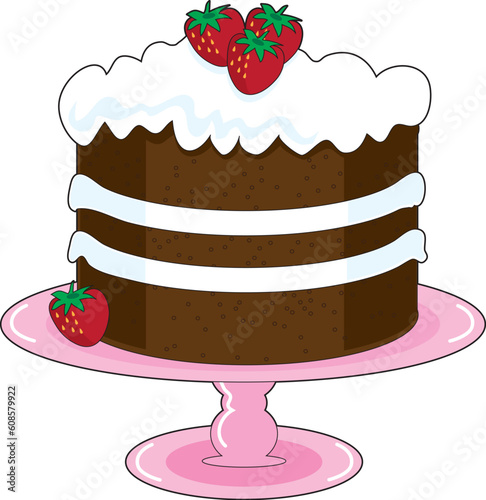 Strawberry Shortcake with whipped cream icing and fresh strawberries, is displayed on a pink cake plate with pedestal. Mmmm, yummy!