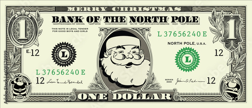 Vector Santa One Dollar Bill. All pieces are separate and easy to edit. Perfect for holiday invitations and cards