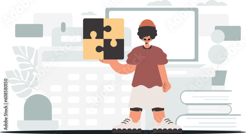 The individual is holding a dumbfound. Amass work subject. Trendy style, Vector Illustration