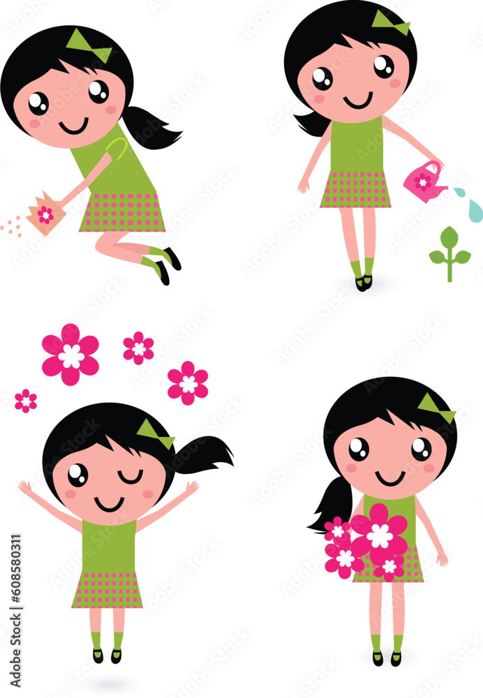 Cute little girl with spring Flowers isolated on white
