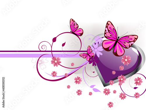 vector illustration of a purple heart and colorful butterflies on a floral background © Designpics