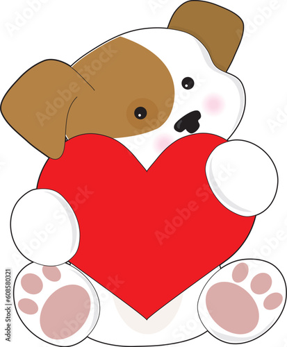 A cute brown and white puppy, is holding a red heart that is half as big as the puppy.