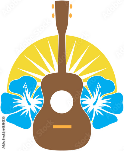 A stylized ukulele, sitting on a background of Hibiscus flowers over a sunburst semi-circle.