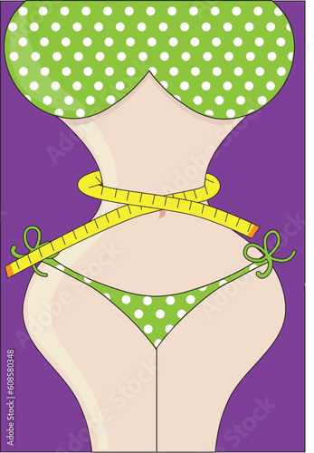 A voluptuous, curvy, female figure in a green, polka dot bikini, has a tape measure wrapped around her waist.
