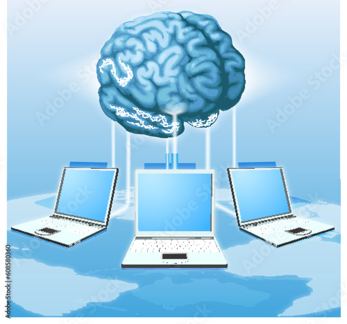 Computers connected to central brain, concept for distributed computing, crowd sourcing or other internet metaphor.