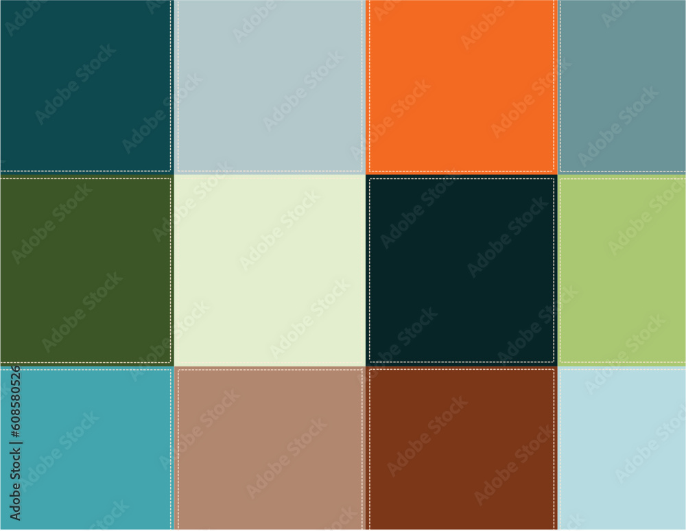 Decorative background. Vector illustration. Colored squares are stitched with thread.