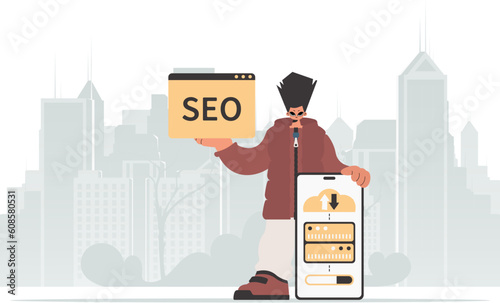 The person is holding a information cloud and a server. Synchronization and security of information capacity concept. Trendy style, Vector Illustration