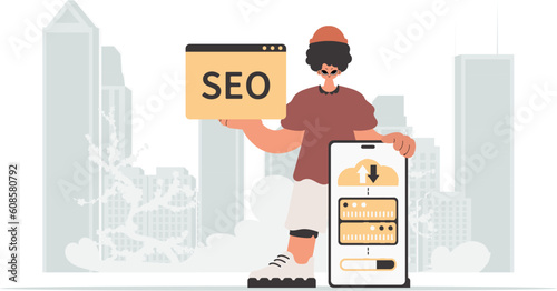 The individual is holding a data cloud and a server. Synchronization and security of data capacity concept. Trendy style, Vector Illustration
