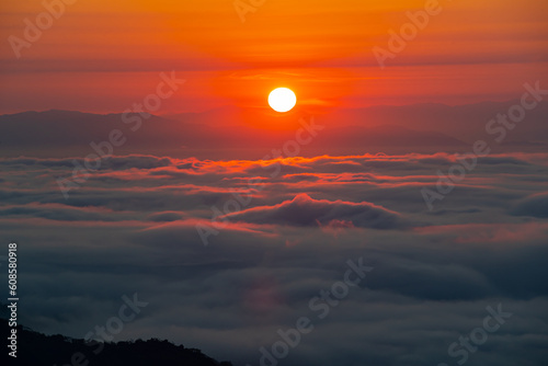 sunrise in the mountains. Sunrise fog in the morning in mountains. Mountain valley sunrise.