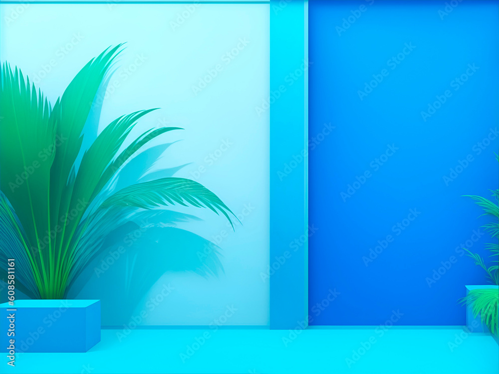Abstract gradient blue studio background for product presentation. Empty room with window shadows, flowers and palm leaves. 3d room with copy space. Summer concert. Abstract gradient blue studio background for product presentation. Empty room with window shadows, flowers and palm leaves. 3d room with copy space. Summer concert.