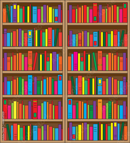 A large, double case bookshelf, filled with volumes of multi colored books.