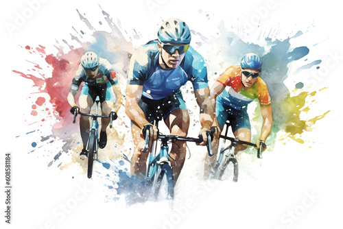 Watercolor design of three cycling competitors racing - Generative AI.