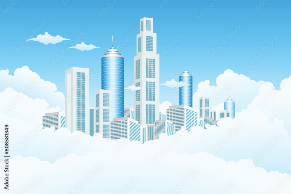 New modern city in clouds with blue sky