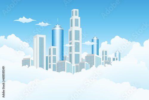 New modern city in clouds with blue sky
