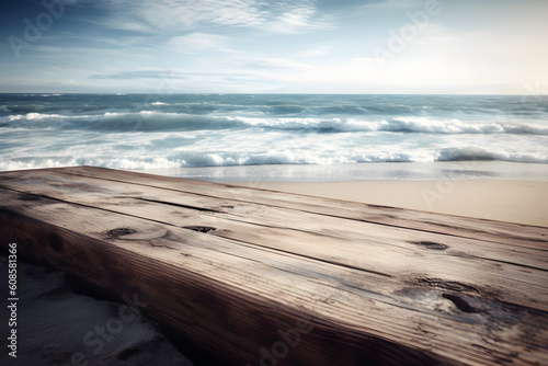 Summer time background with wood planks in front of the ocean - Generative AI