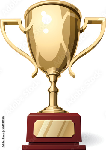 Low horizon front view of golden sport cup on white background. Vector Illustration