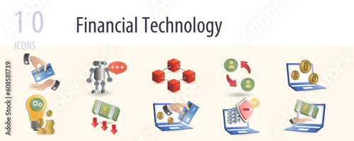 Financial technology set. Creative icons: direct payment, robo advisor, blockchain technology, peer-to-peer, bitcoin technology, fintech innovation, basic income, digital wallet, personal data