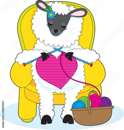 A ewe is in a yellow armchair, knitting a big red heart.