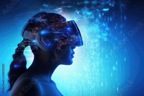 Concept of virtual reality technology. Woman wearing VR headset, sparkle background. Human's head silhouette with vr headset. Futuristic Technology. Ai artificial intelligence. Generative AI © jchizhe