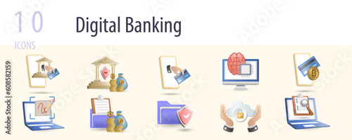 Digital banking set. Creative icons: mobile banking, banking service, e-wallet, cognitive computing, digital currency, electronic signature, invoice trading, encryption, regtech, competitor analysis.