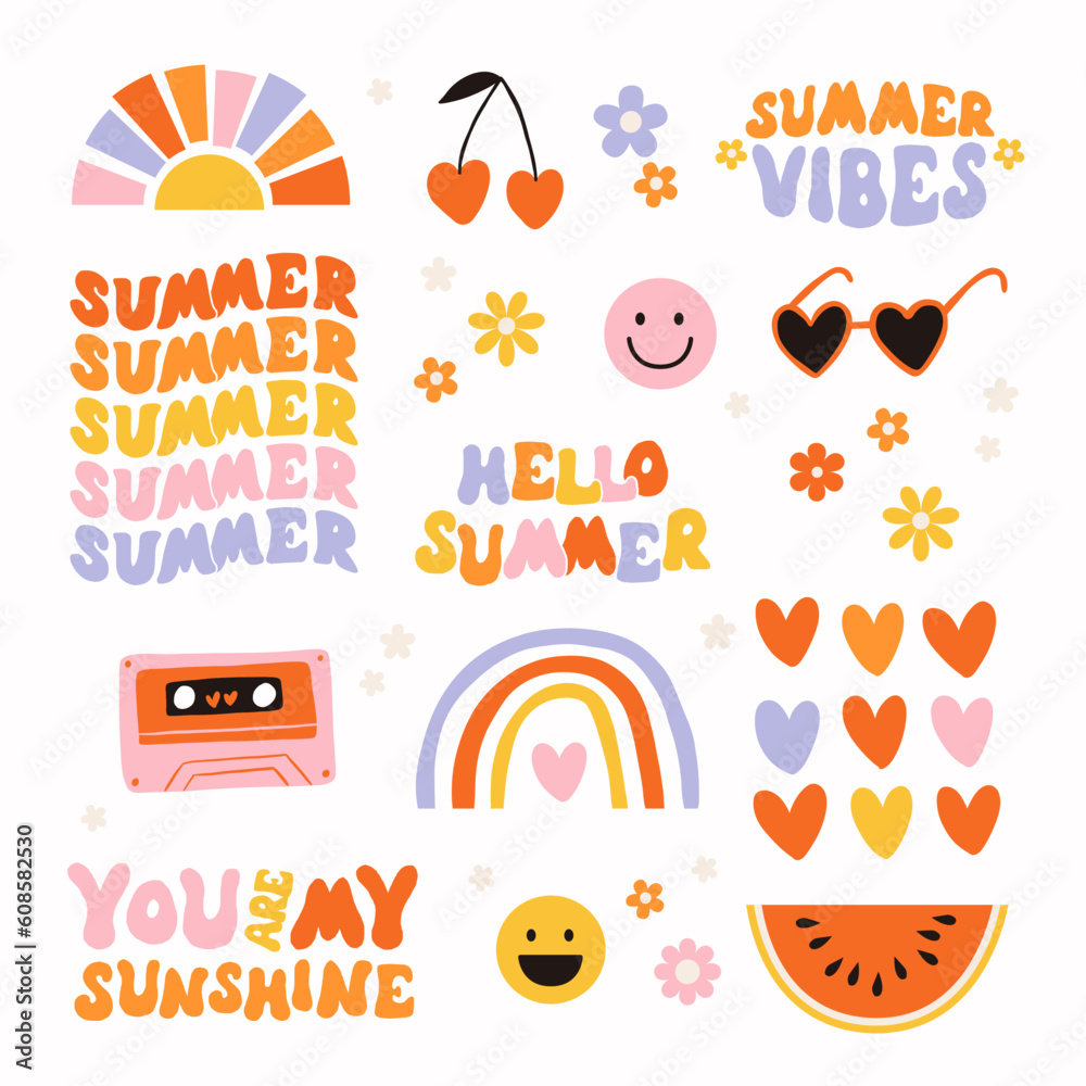 Hello summer Groovy hippie 70s set. Funny cartoon flower, rainbow, Love, heart, daisy. Sticker pack about summer trendy retro psychedelic cartoon style. Isolated vector illustration. Hello summer Groovy hippie 70s set. Funny cartoon flower, rainbow, Love, heart, daisy. Sticker pack about summer trendy retro psychedelic cartoon style. Isolated vector illustration.