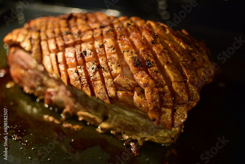 Traditional Norwegian Christmas pork dish in close-up