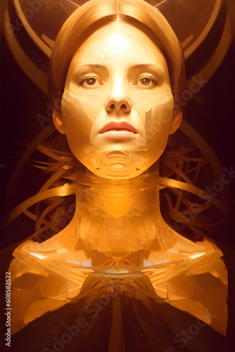 Fantasy fictional painting of a woman in gold color. .(AI-generated fictional illustration)