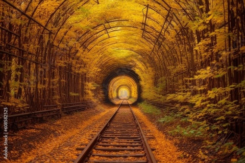 Old Golden Autumn Trees Tunnel with old railway. Generative AI