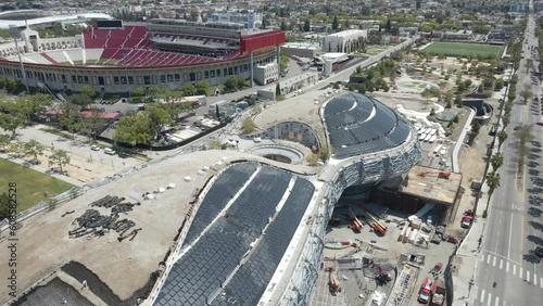 Los Angeles, CA, 05-15-2023, USC Stadium and Lucas Museum of Narrative Art Aerial View 4k
