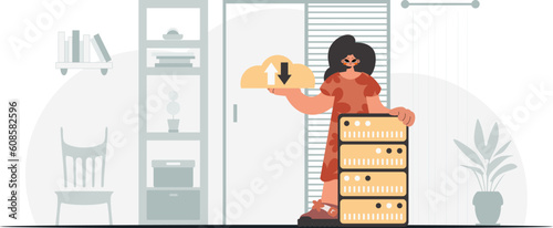 Synchronization and security of data capacity concept. The enthusiastic woman is holding a data cloud and a server. Trendy style, Vector Illustration