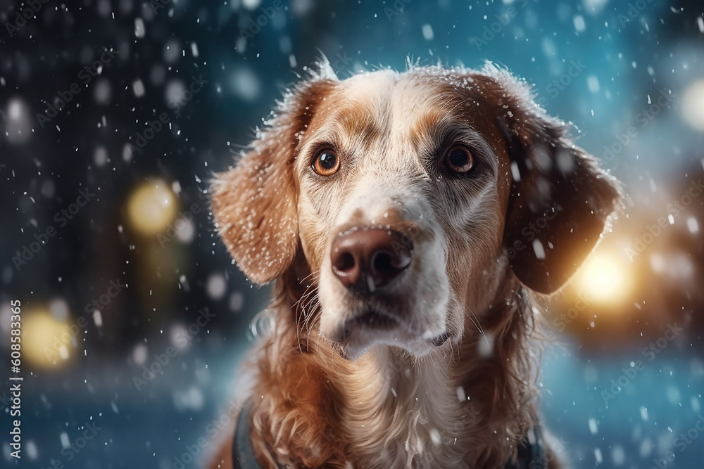 A dog in a snowy scene with a golden retriever in the snow. Generative AI