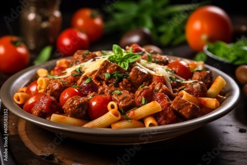 Pasta with meat tomato sauce and vegetables. Generative AI
