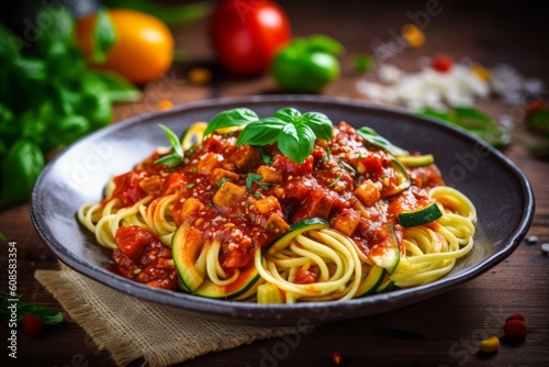 Pasta with meat tomato sauce and vegetables. Generative AI