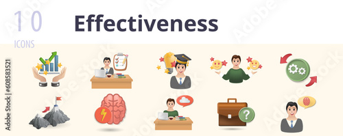 Effectiveness set. Creative icons: inspiration, routine, genius, automatism, motivation, brain power, procrastination, career choice, good sense.