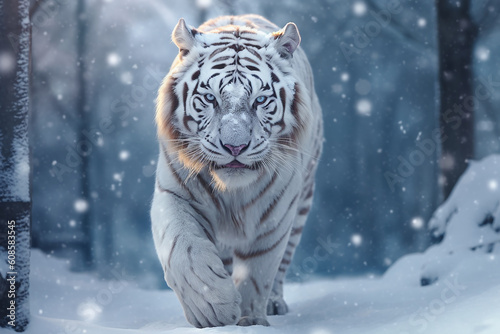 White tiger in the snow. Generative AI photo