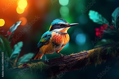 A colorful bird sits on a branch in the forest. Generative AI © NishanPrabodhana