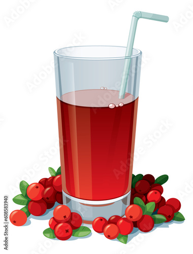 Glass of cranberry juice with a straw surrounded by cranberries. Isolated on white background.
