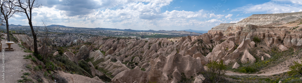 Large panoramic view of Love Valley - a valley in Goreme Historical National Park, Cappadocia, Turkey
