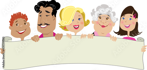 Vector illustration of funny family holding a blank scroll list in their hands
