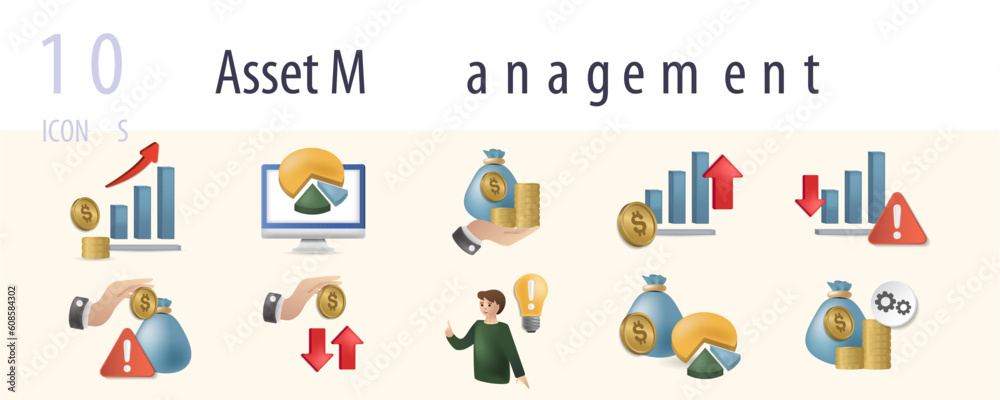 Asset management set. Creative icons: profit, chart, saving, increase cost, risk reduction, investment risk, return of investment, decision, investing data, financial assets. Asset management set. Creative icons: profit, chart, saving, increase cost, risk reduction, investment risk, return of investment, decision, investing data, financial assets.