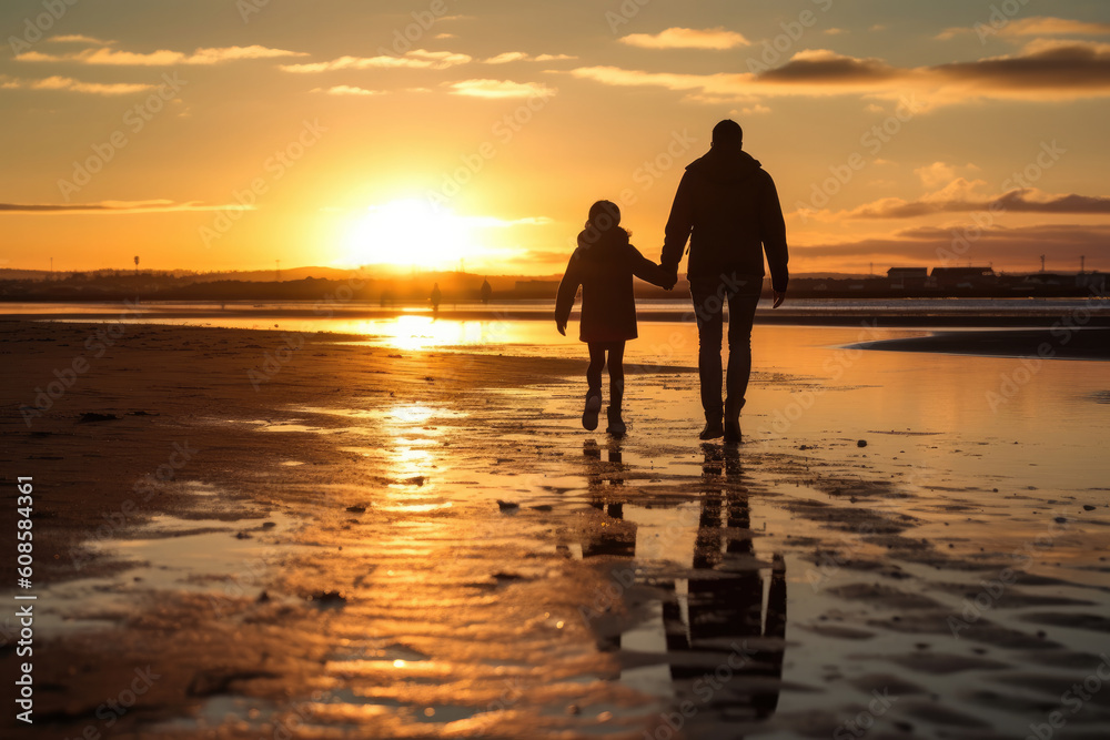 Silhouette of father and daughter walking on the beach at sunset. Generative AI