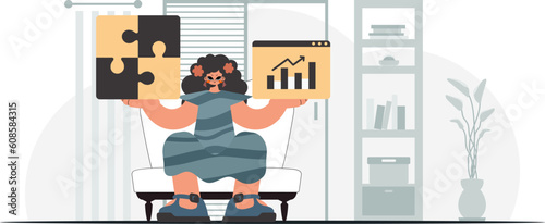 The energized lady is holding a overpower and a positivegrade chart. Thought bunch work. Trendy style, Vector Illustration photo