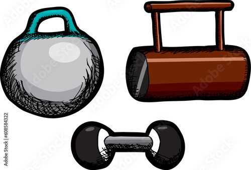 Kettlebell, short log and dumbbell weights isolated over white