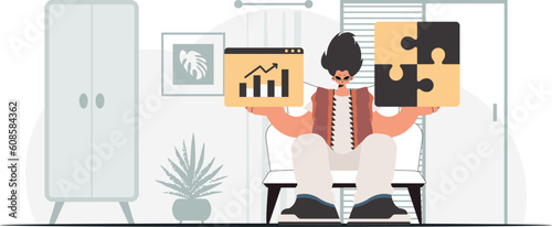 The individual is holding a daze and a positivegrade chart. Thought collect work. Trendy style, Vector Illustration