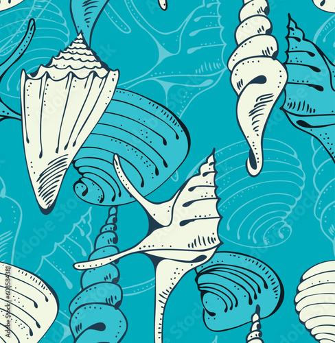 Seamless blue marine pattern with shells on a blue